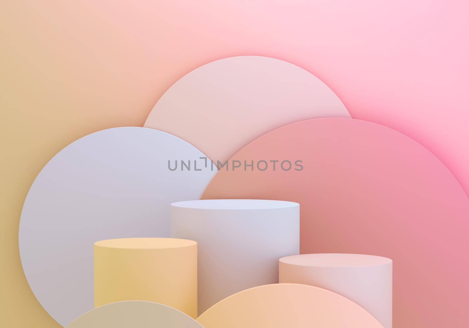 Cylinders pedestal for product display on funny circles pink and yellow background or summer sunny. by ImagesRouges