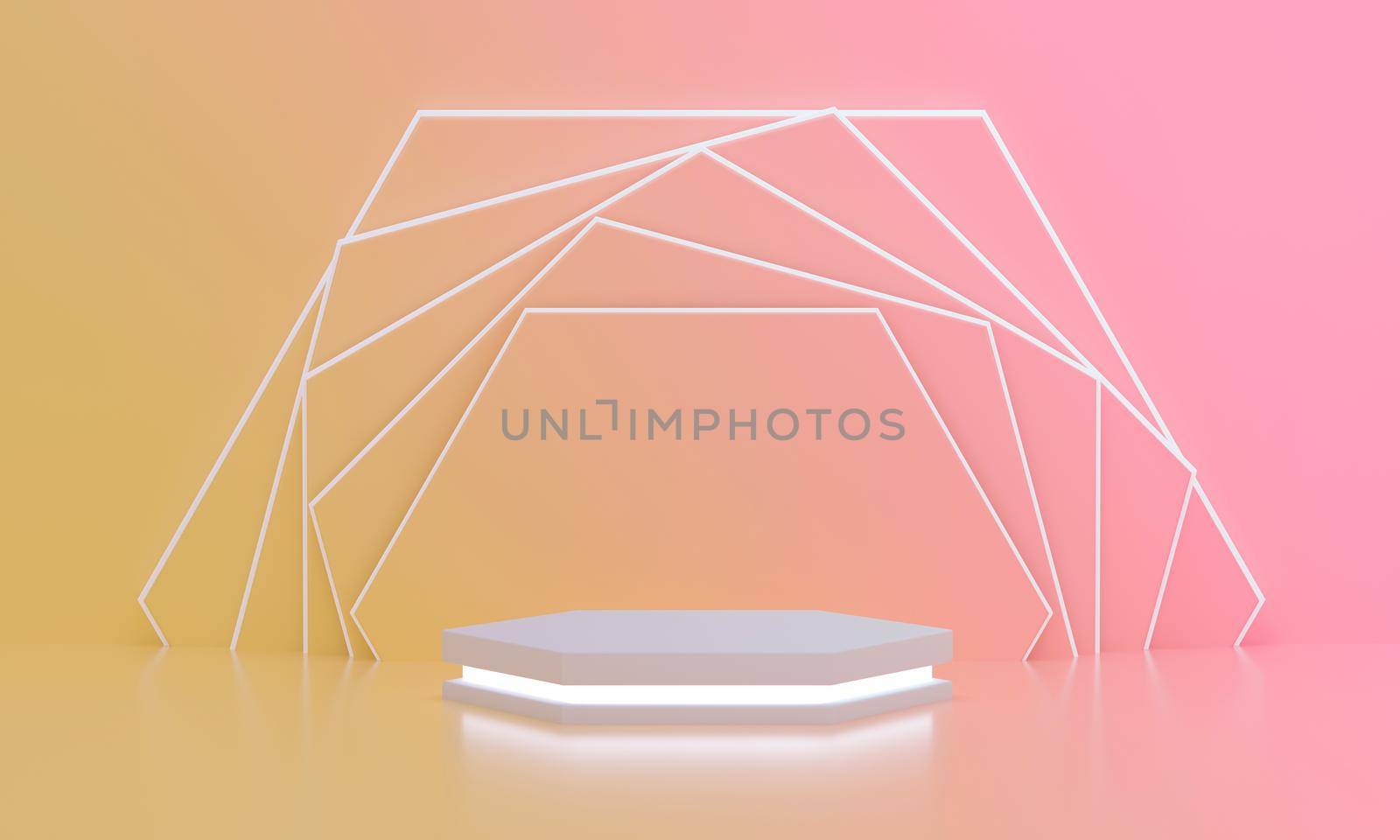 Hexagon podium with light for product display with modern hexagonal rotated background for summer sunny. Empty pedestal or podium platform. 3D Rendering.