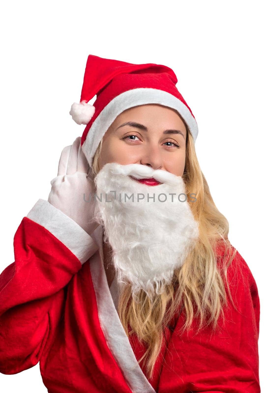 Cheerful girl in Santa suit with beard on white background