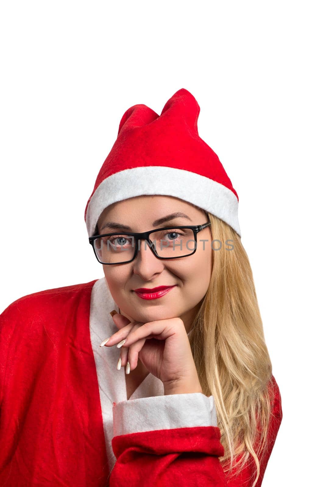 Girl in Santa costume with glasses on white background