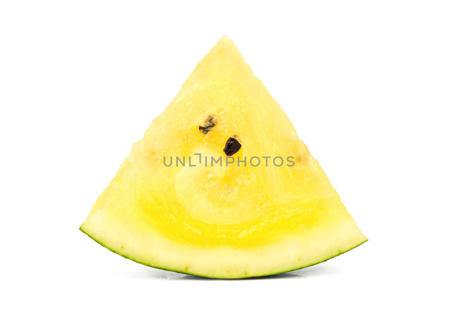 The triangular yellow juicy slice watermelon isolated on white background
