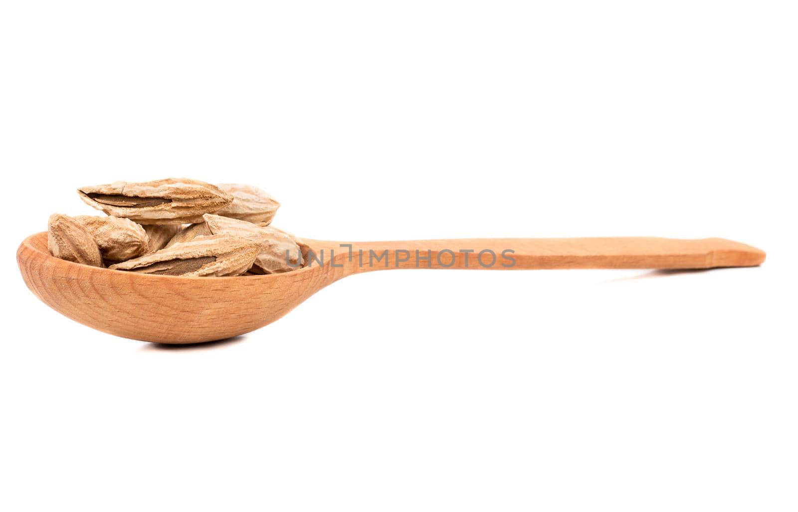 Wild uzbek almonds in a wooden spoon on a white background