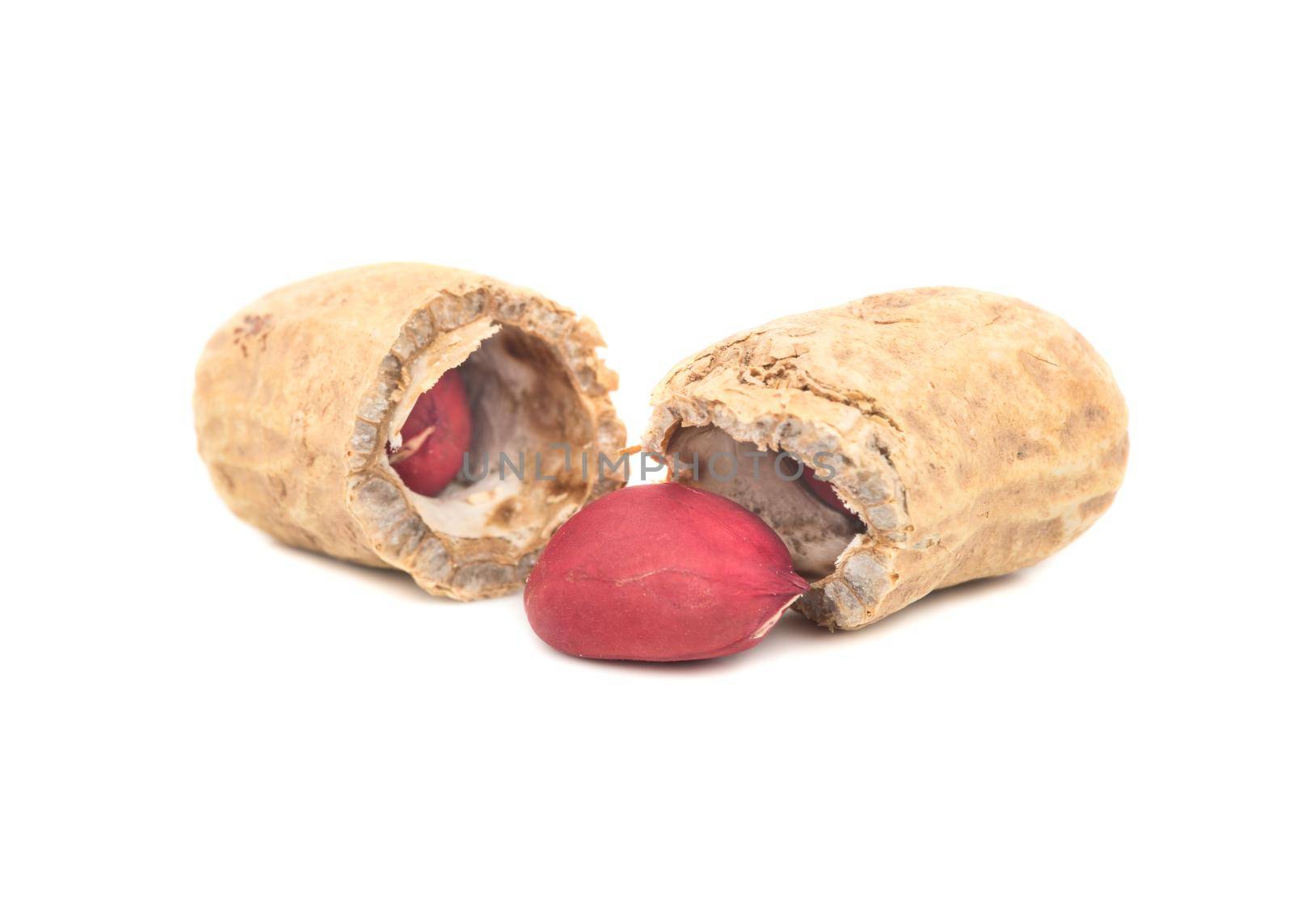 Broken peanuts in shell on white background