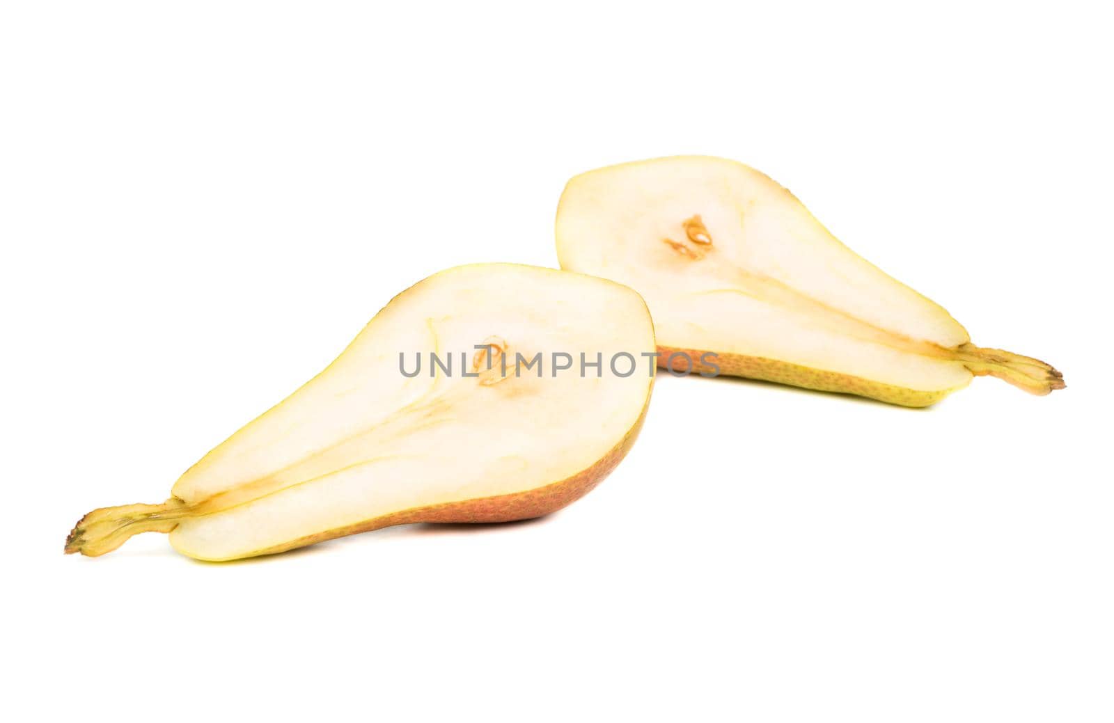 Two halves of fresh pear on white background