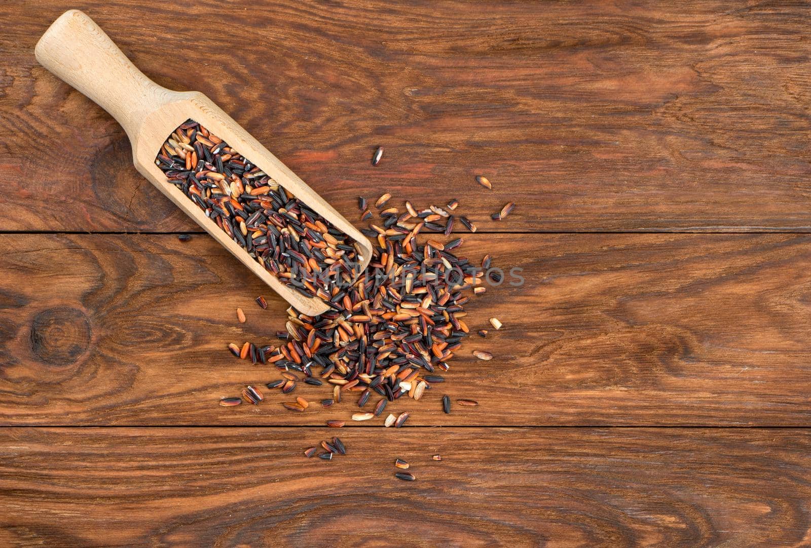 Black wild rice in scoop on wooden background, top view