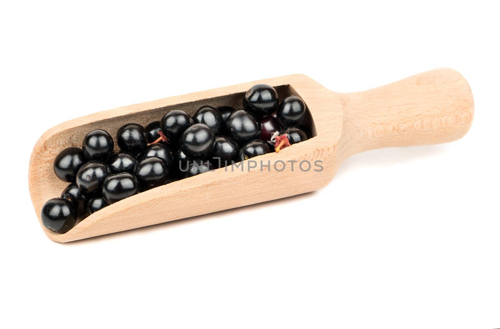 Fresh bird cherry in scoop isolated on white background