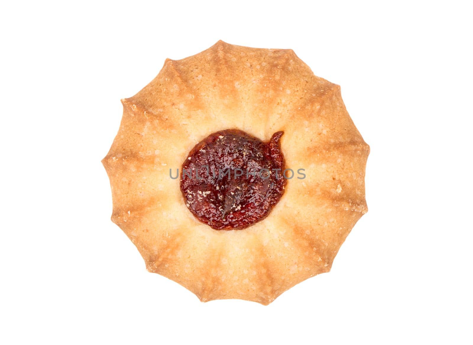 Cookies with strawberry jam isolated on white background, top view