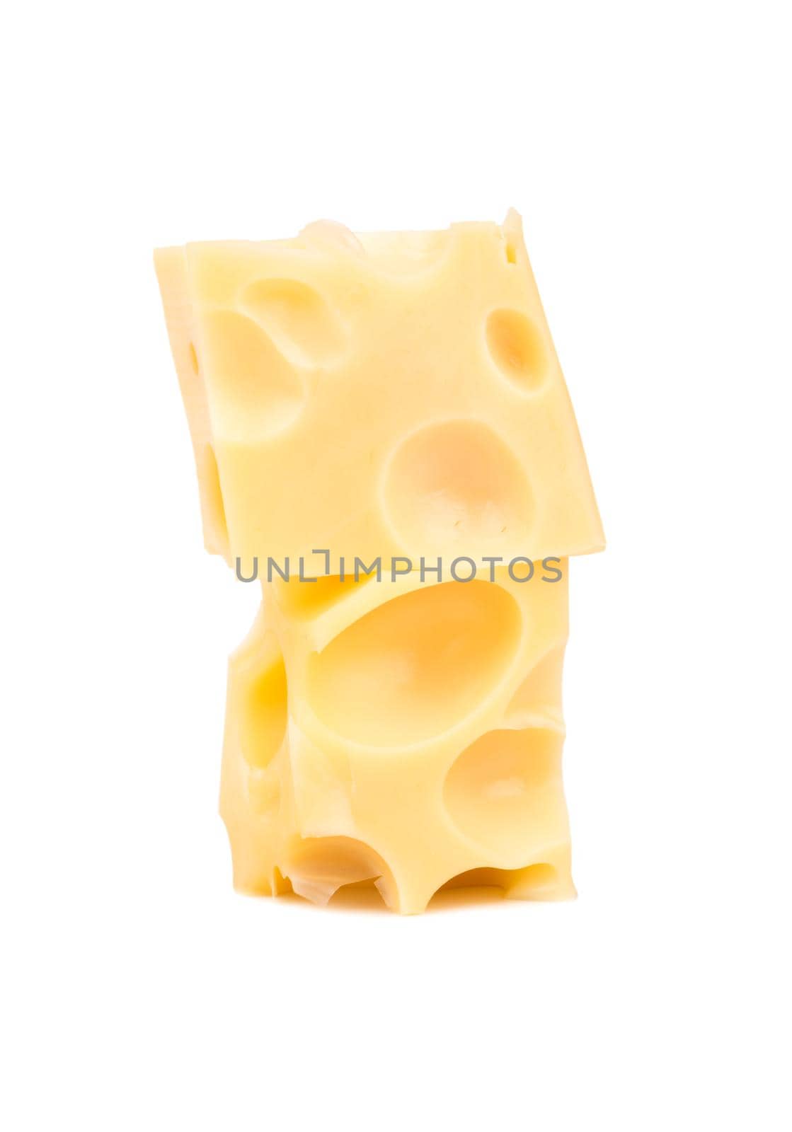 Two cubes of cheese with holes on a white background