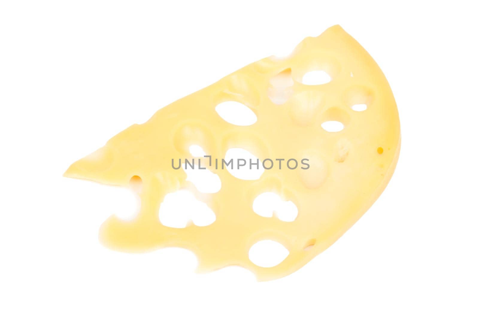 Thin slice of cheese with holes on white background