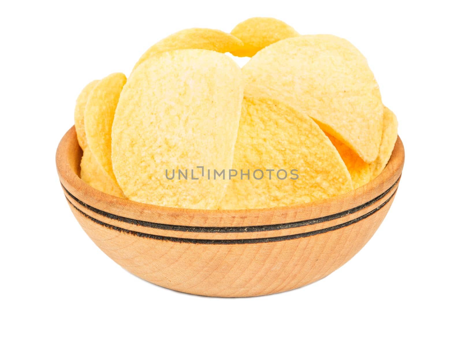 Potato chips in wooden bowl on white background