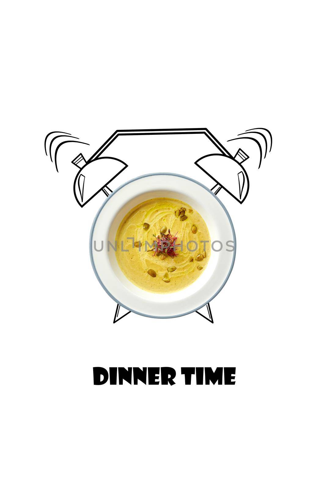 White bowl of hot soup and alarm clock hand drawn illustration isolated on white background. The inscription Dinner time. Creative design for menu, cafe, restaurant.