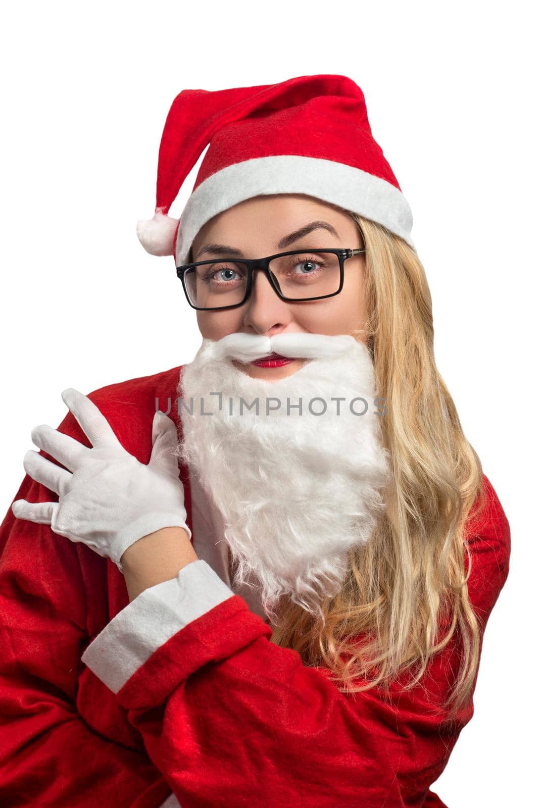 Portrait of girl in costume of Santa Claus in glasses with a beard on white background