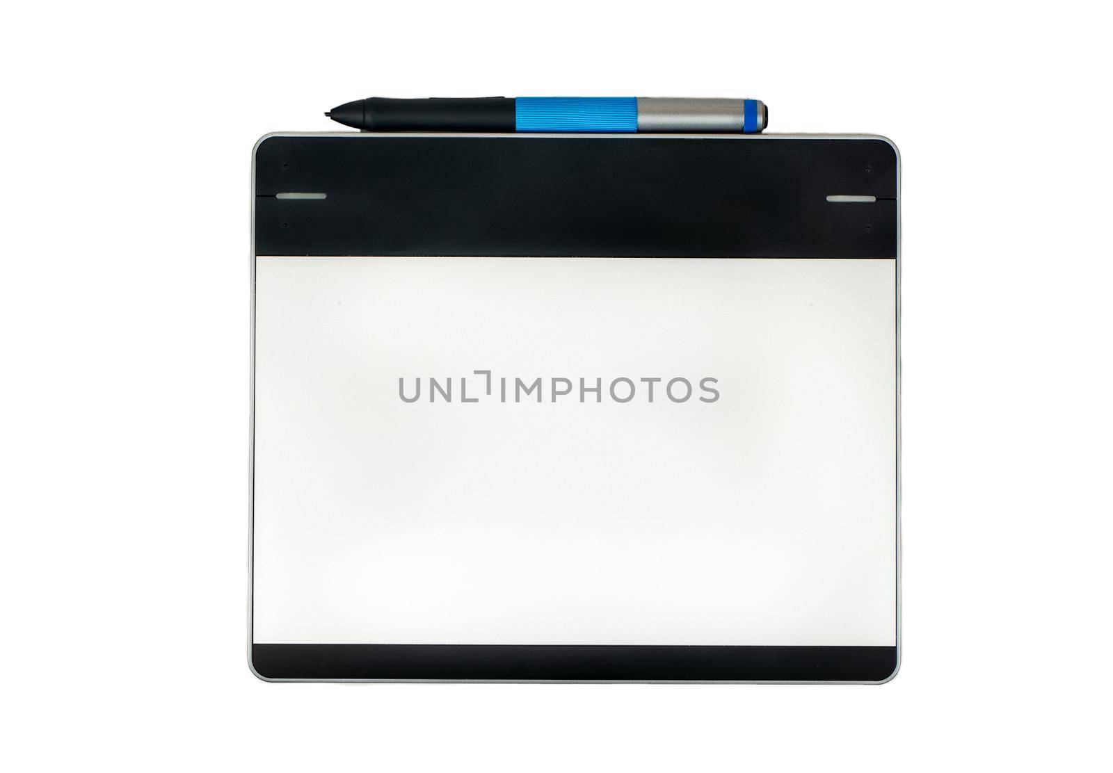 Small graphic tablet with pen isolated on white background, top view