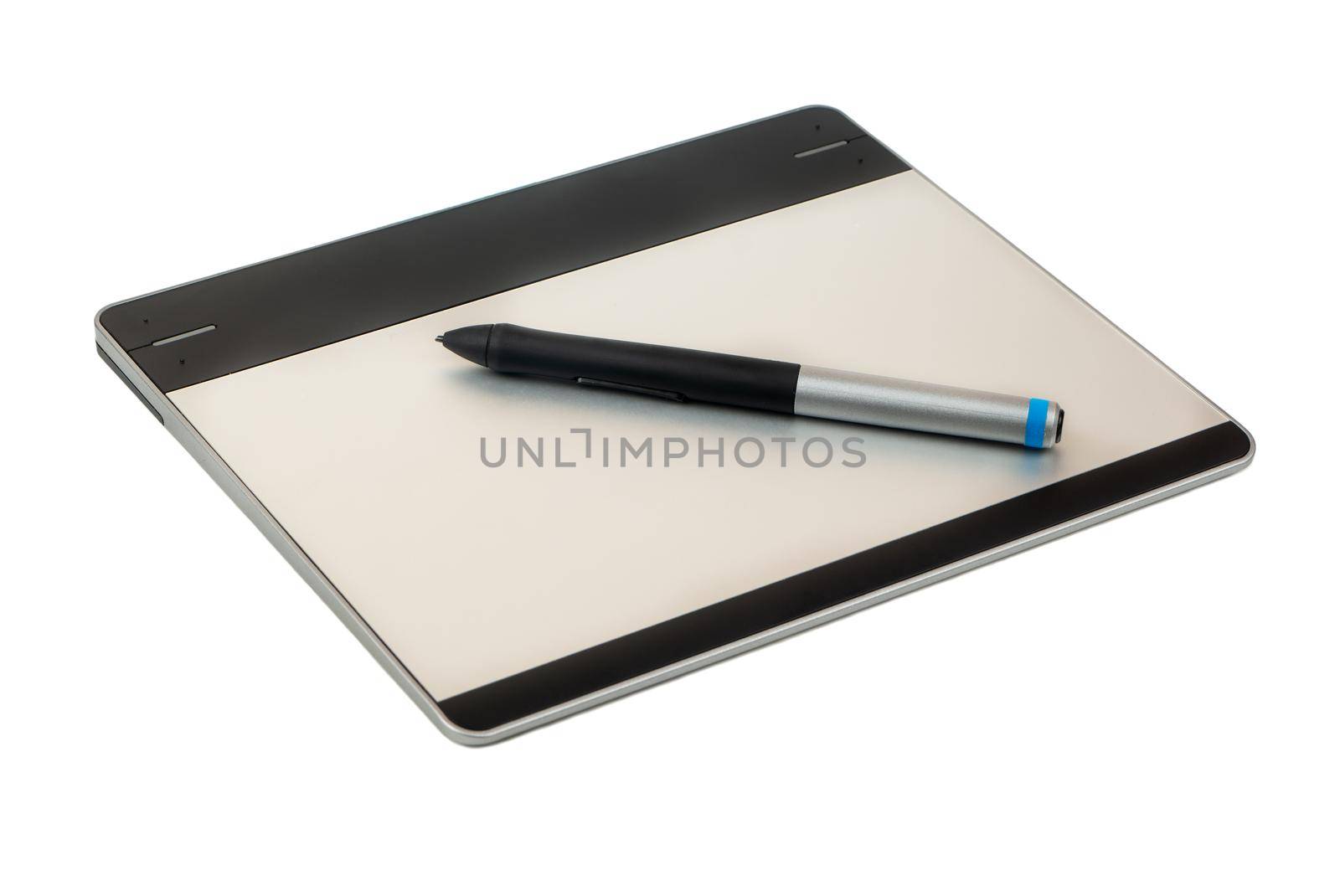 Small graphic tablet with pen isolated on white background