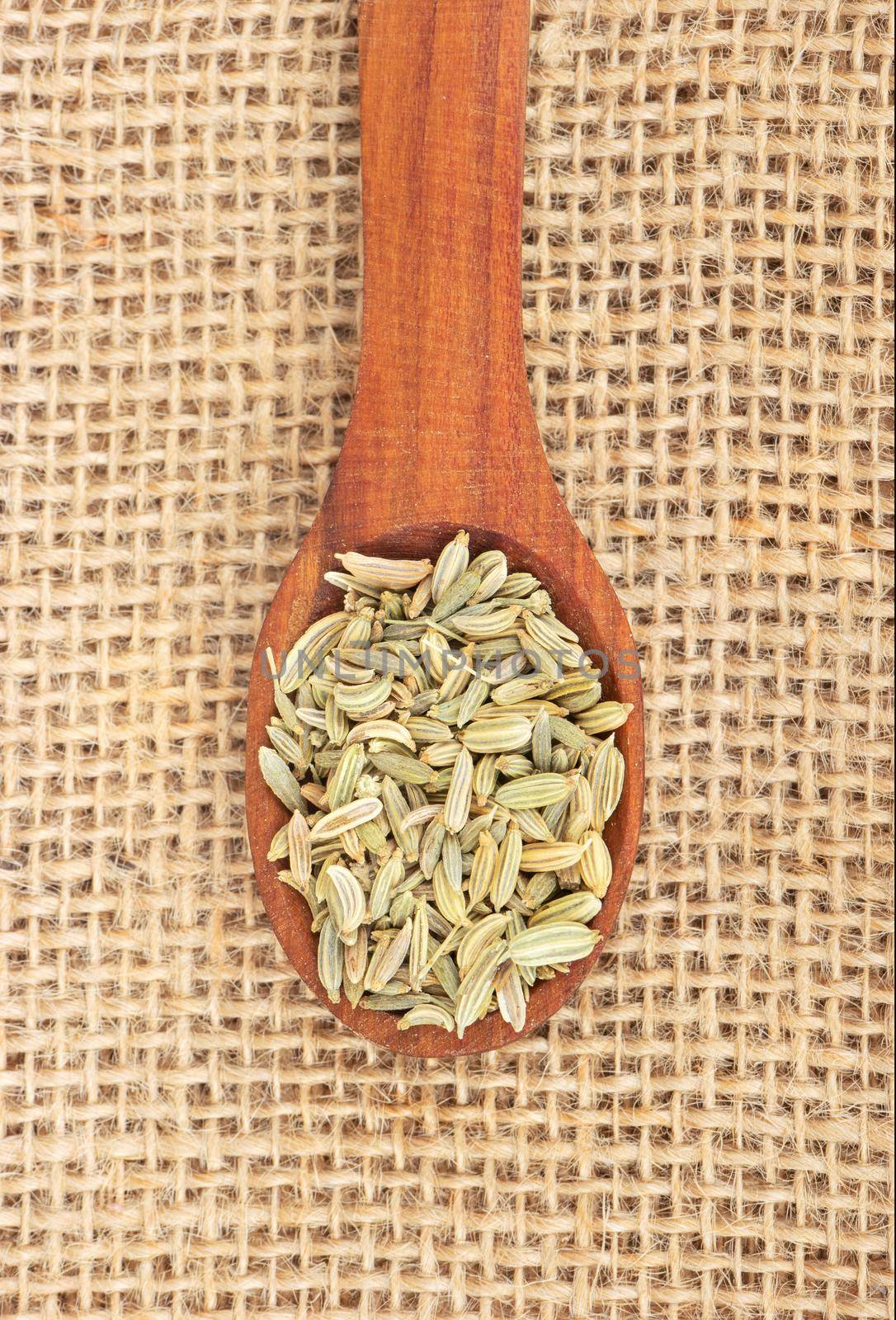 Dry fennel in a small spoon on burlap closeup, top view