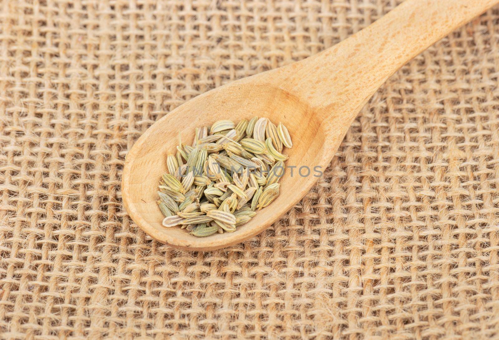 Dry fennel in a small spoon on burlap closeup