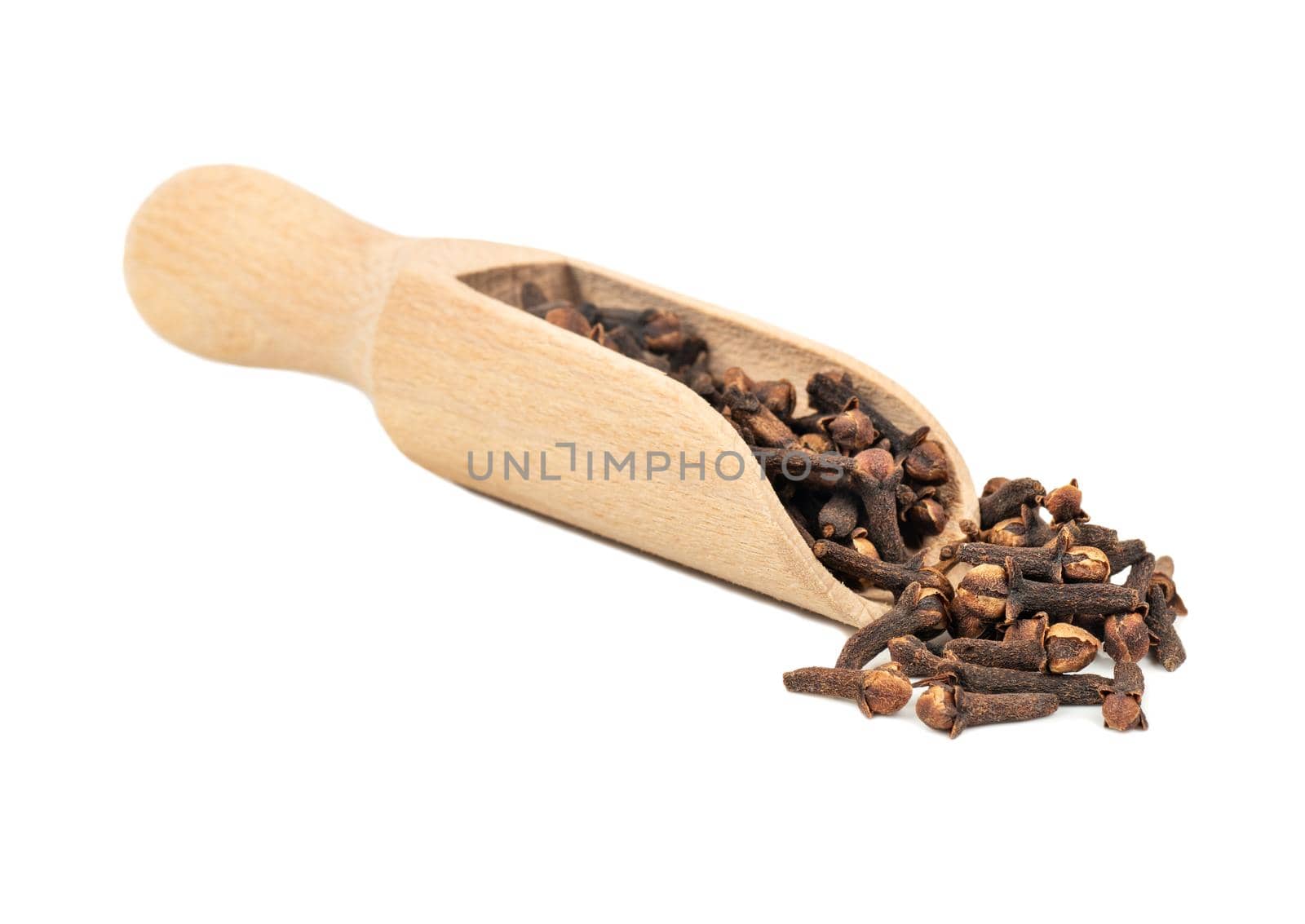 Dry cloves in a wooden scoop on a white background closeup
