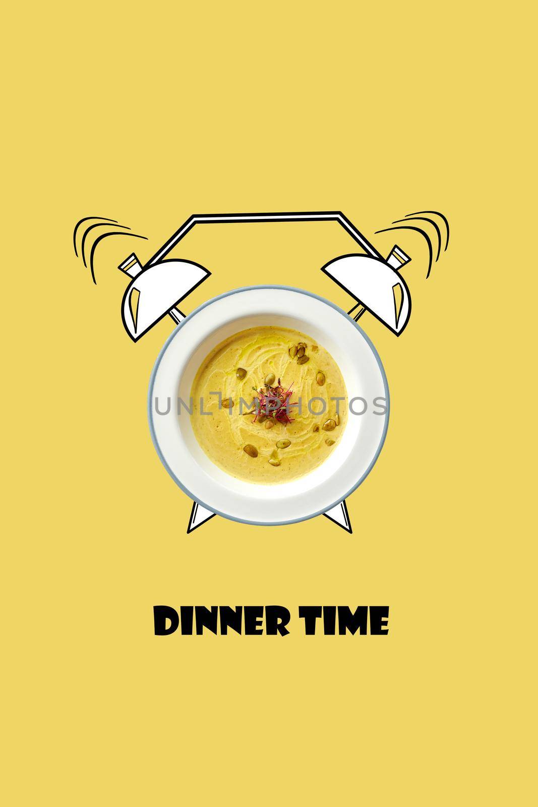 White bowl of hot soup and alarm clock hand drawn illustration on yellow background. The inscription Dinner time. Creative design for menu, cafe, restaurant.