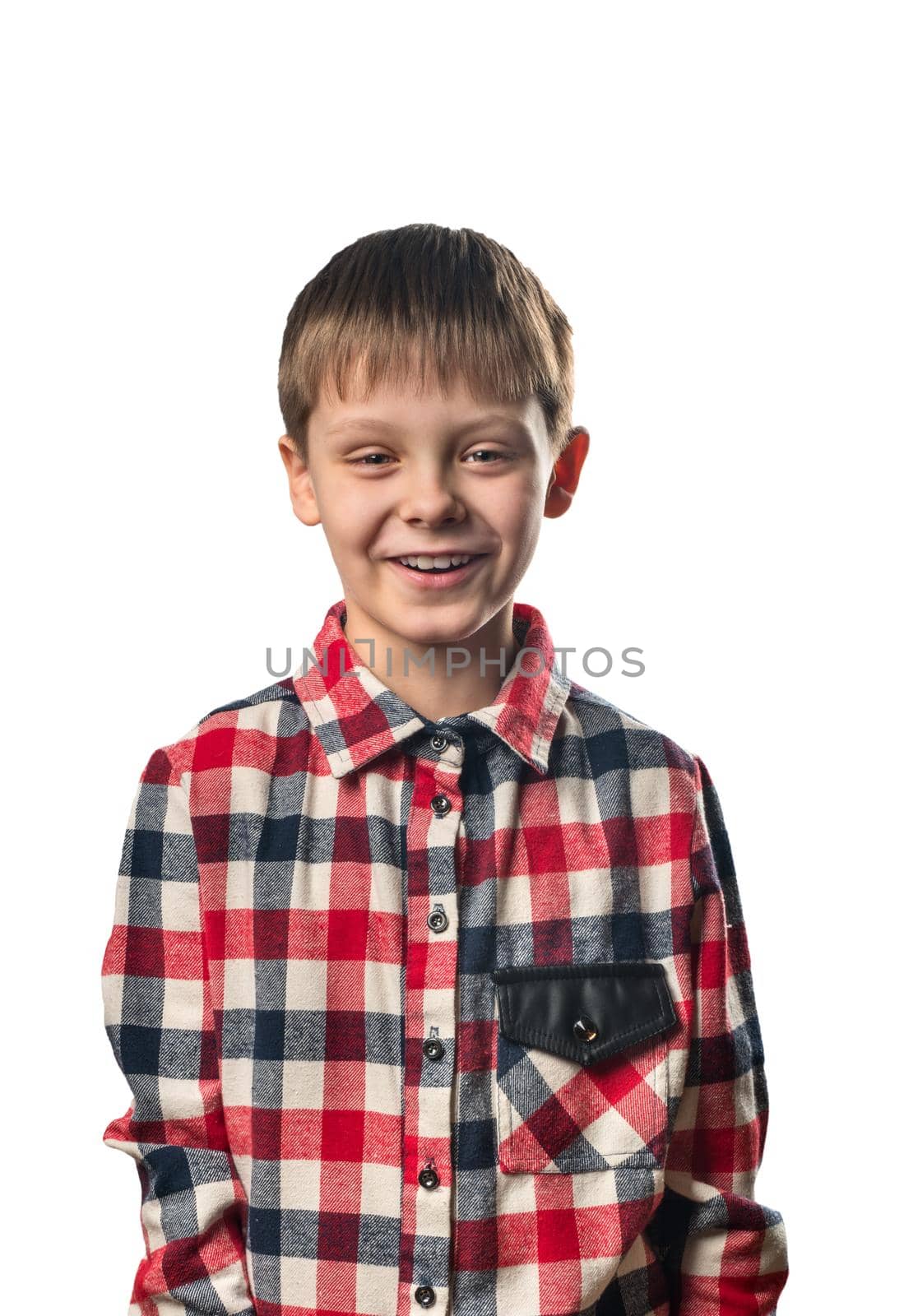 Laughing boy in a shirt on a white background