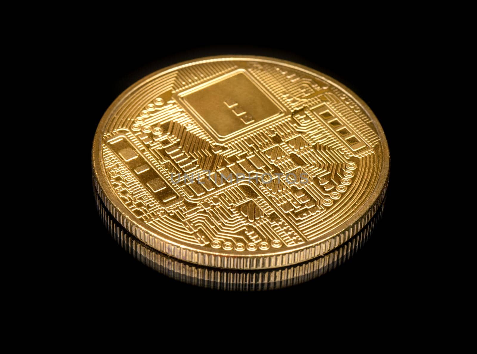 Back side of the Golden coin bitcoin on black background