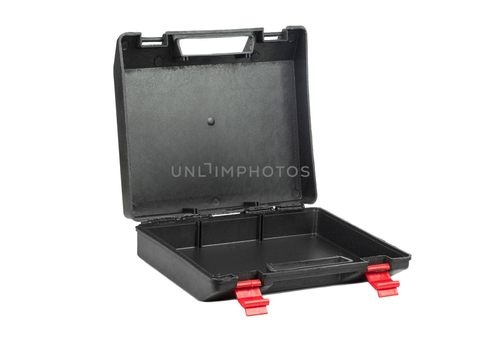 Open empty black plastic tool box isolated on white background