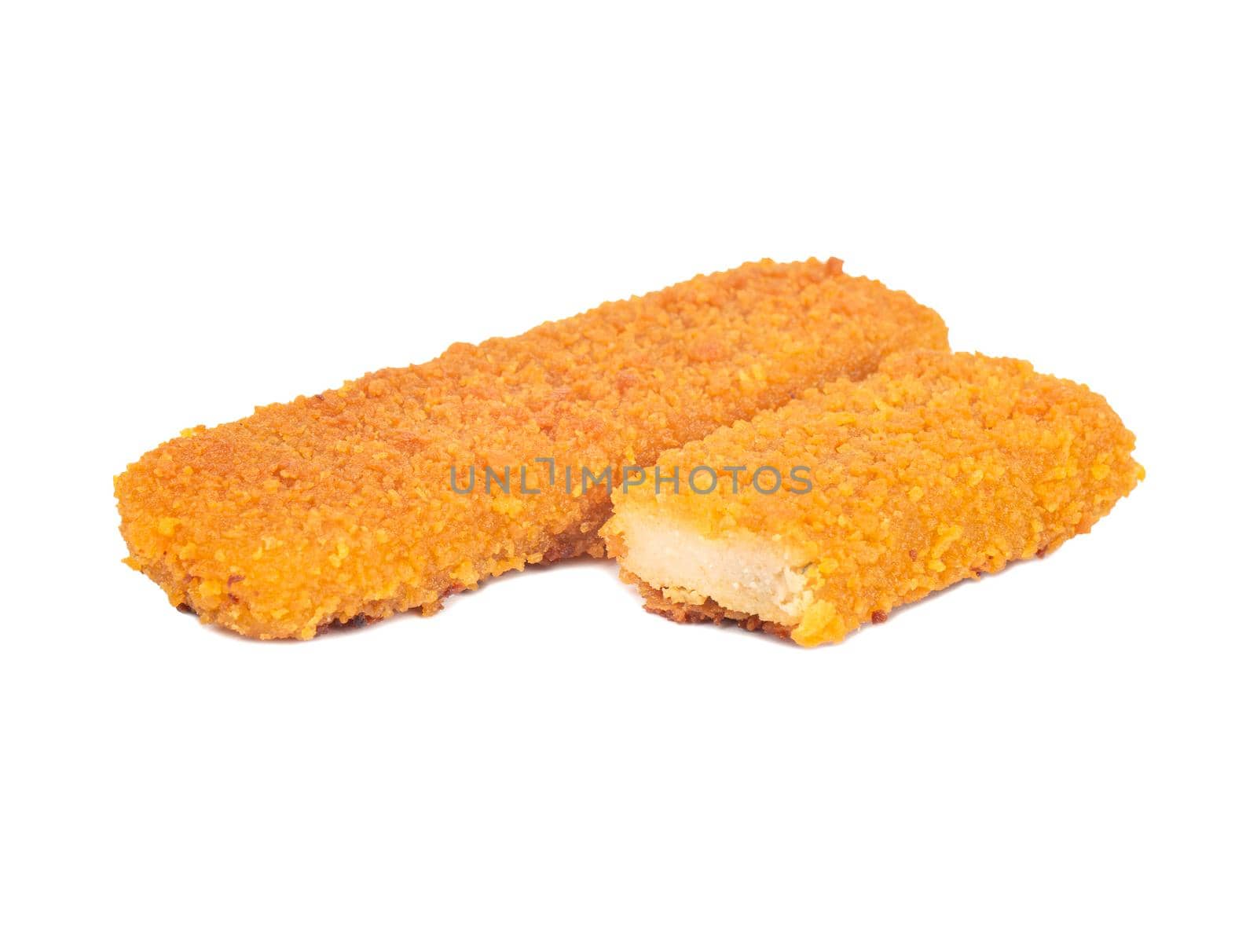 Fish stick in batter with half on white background