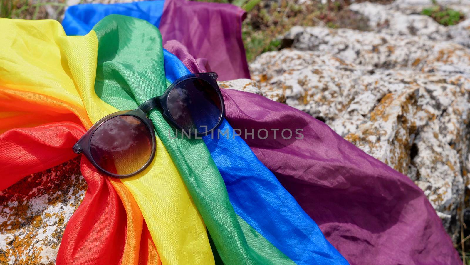 Rainbow flag peace of LGBTQIA gender identity with sunglasses and Celebrate Asexual Awareness Week, Intersex, Human Rights Day