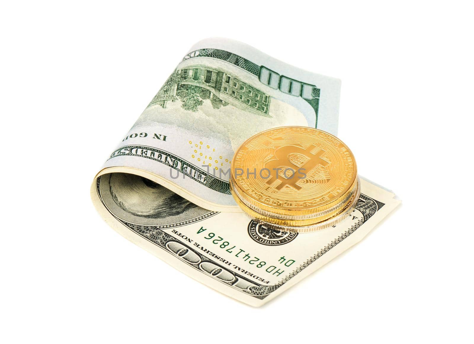 Gold bitcoin coin with dollars isolated on white background