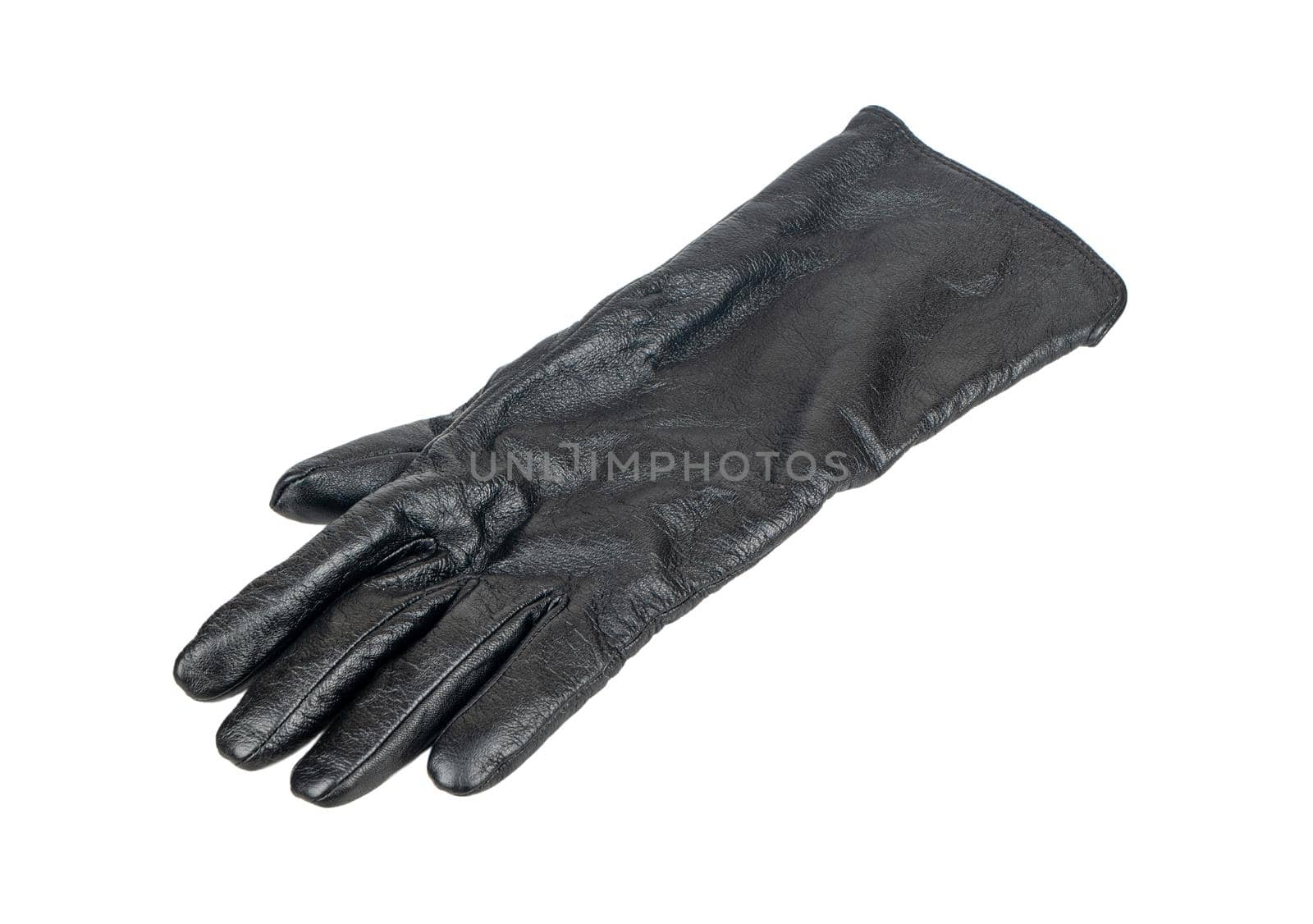 Womens long leather black glove isolated on white background