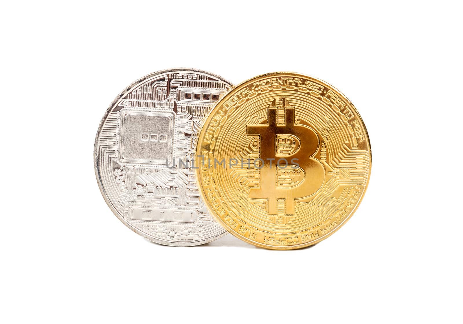 Gold and silver bitcoin coins on a white background