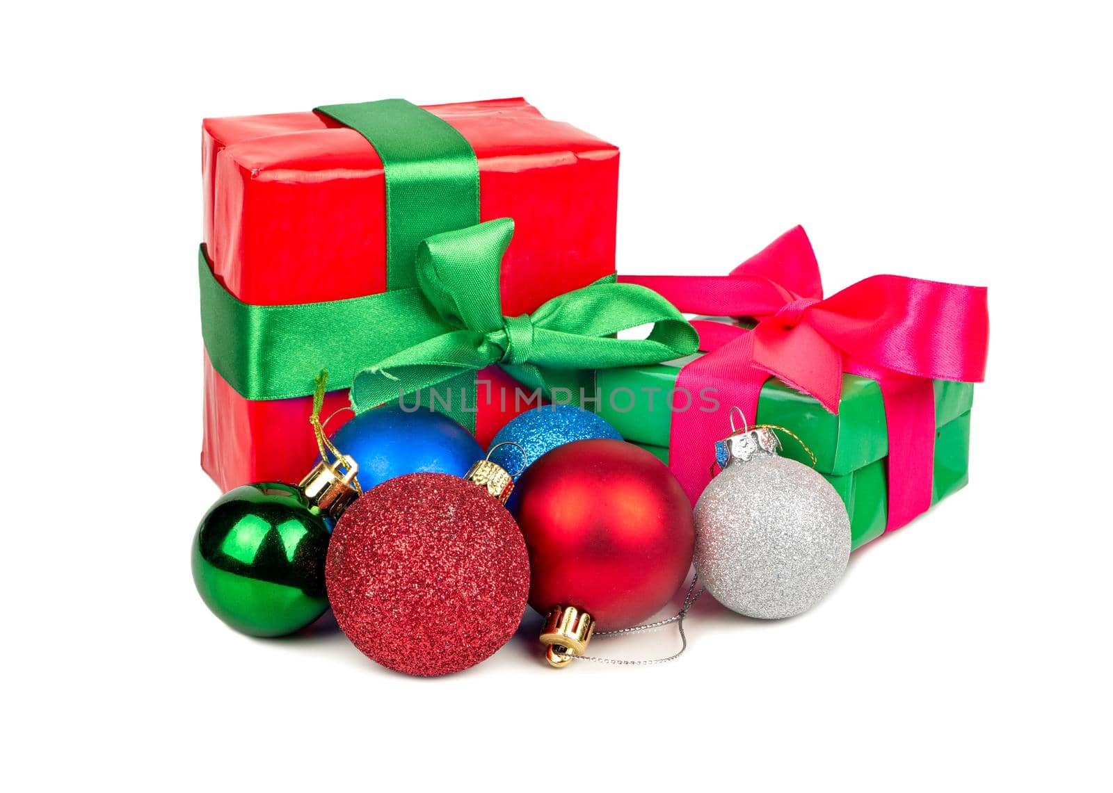 Colorful Christmas balls with gifts on a white background