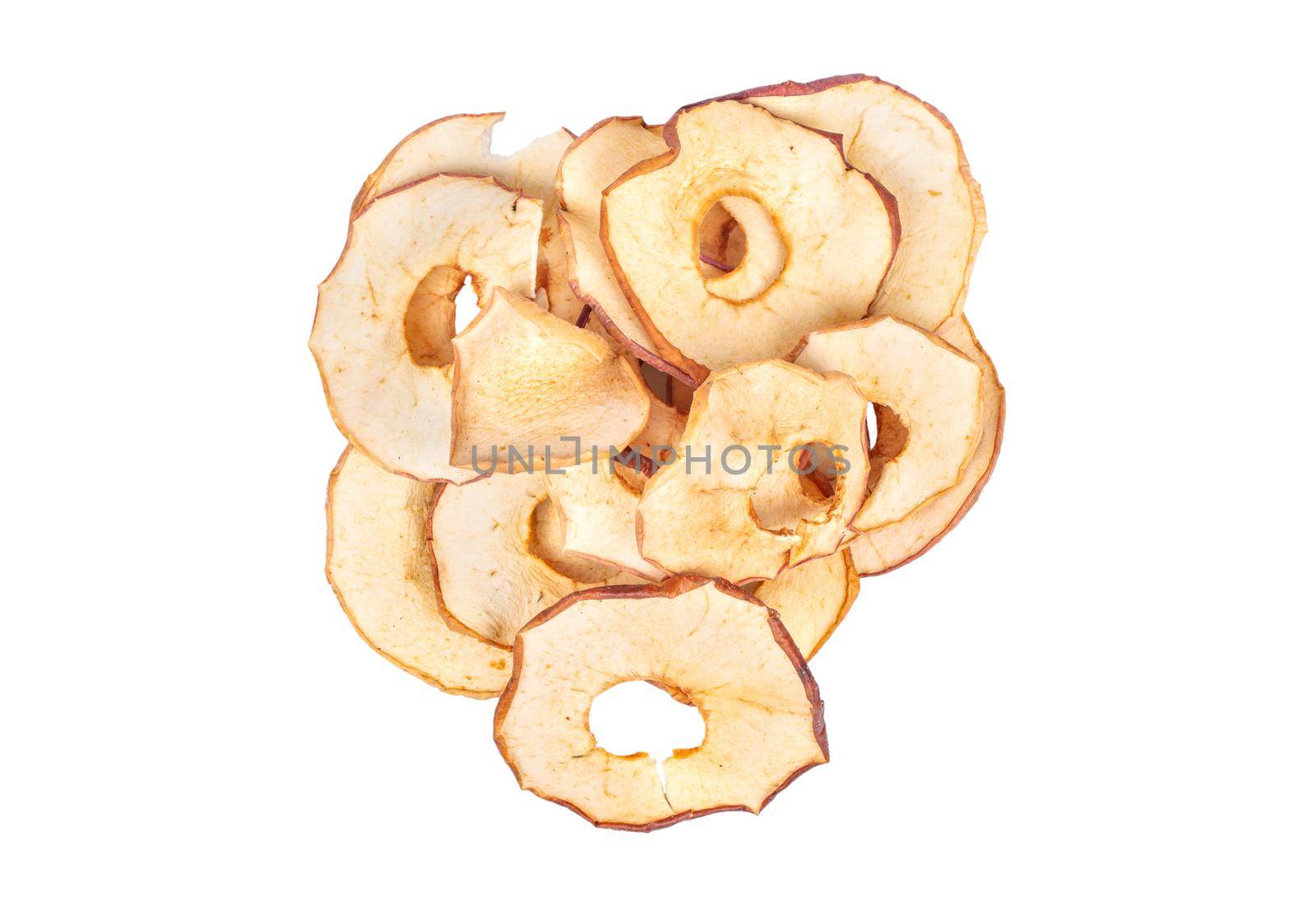 Pile of Apple chips on a white background, top view