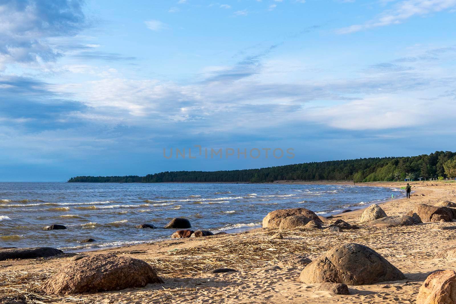 the seashore in the sunset light. stones on the sand of the beach by audiznam2609