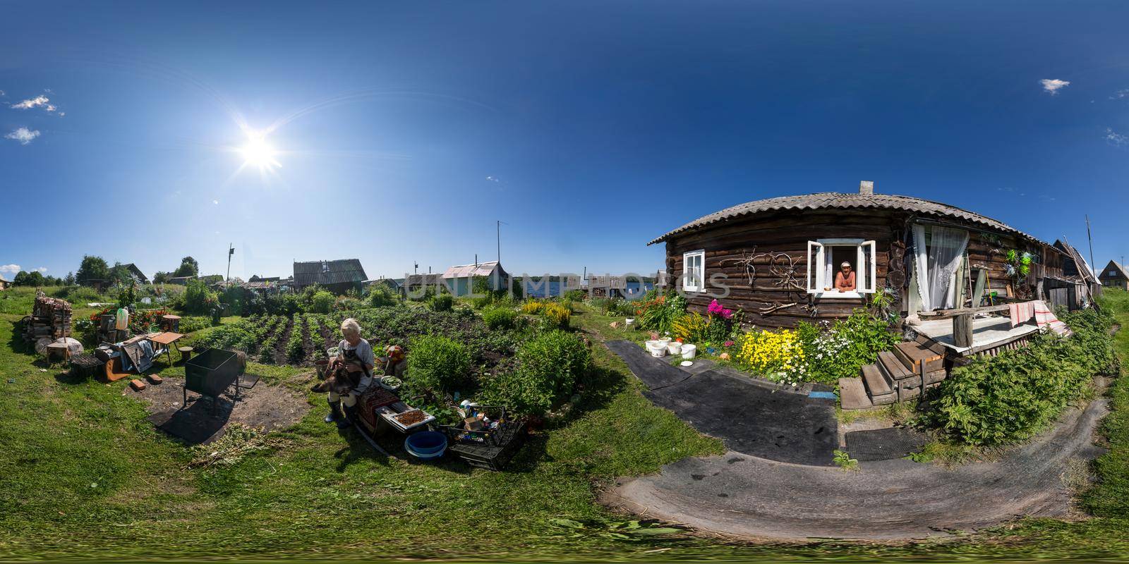 Seamless full spherical 360 degree panorama in equirectangular projection of rustic house with old man and woman with fat cat at summer day in Karelian Kondopoga, Russia - July 1, 2013