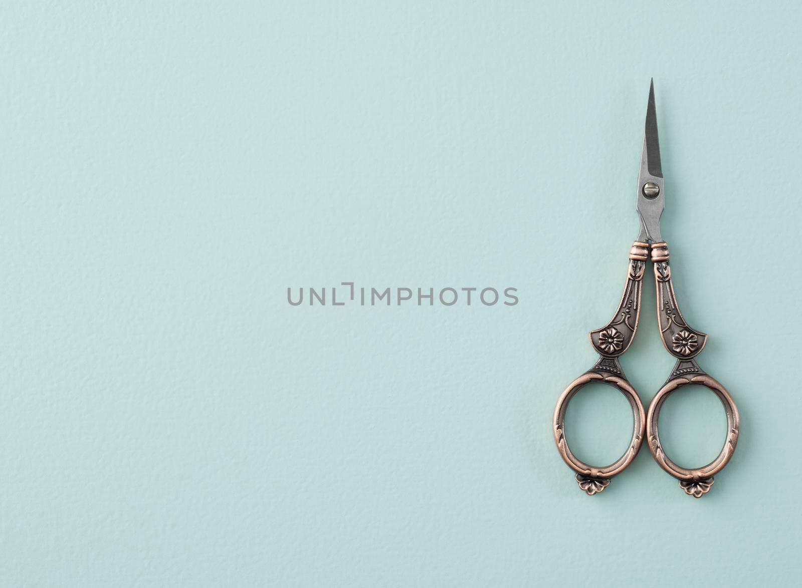 Vintage style embroidery scissors on a solid pastel green background with copy space.