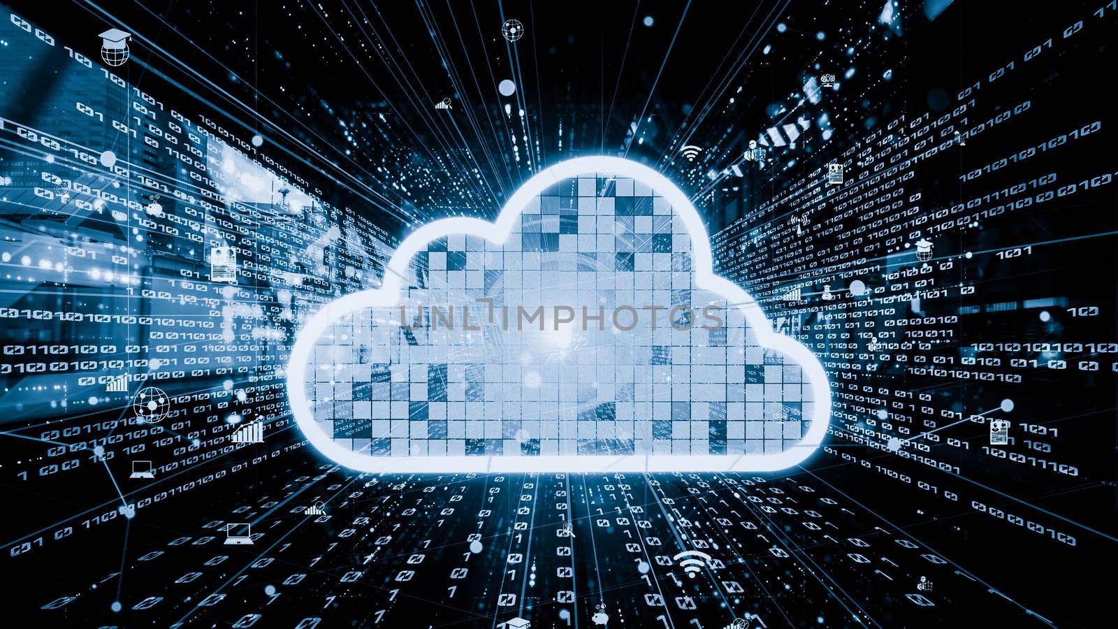 Cloud computer and online data storage with tacit intelligent sharing software . Concept of smart digital transformation and technology disruption that changes global trends in new information era .