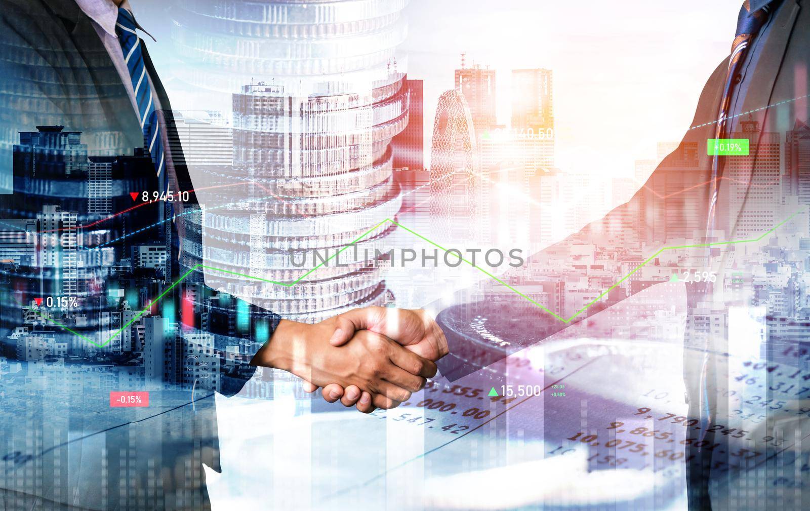 Business handshake on finance prosperity and money technology asset background . Economy and financial growth by investment in valuable stock market to gain wealth profit form currency trading