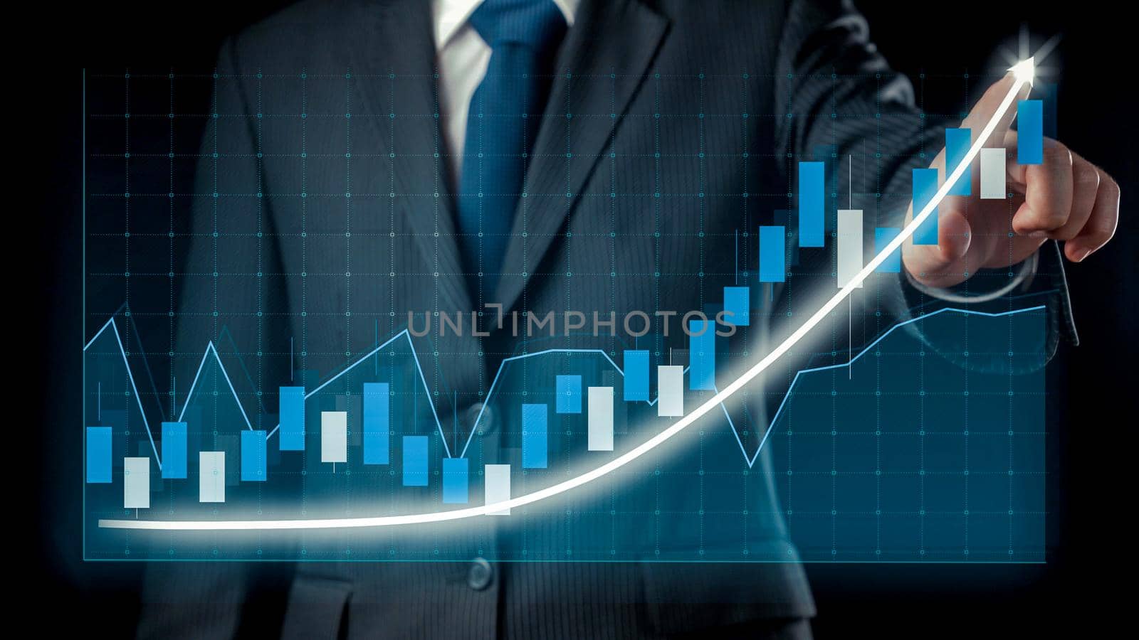 Businessman draw finance allusive graph chart showing business profit growth increasing to future target . Excellent financial status of corporate business rise up . Finance and money technology .