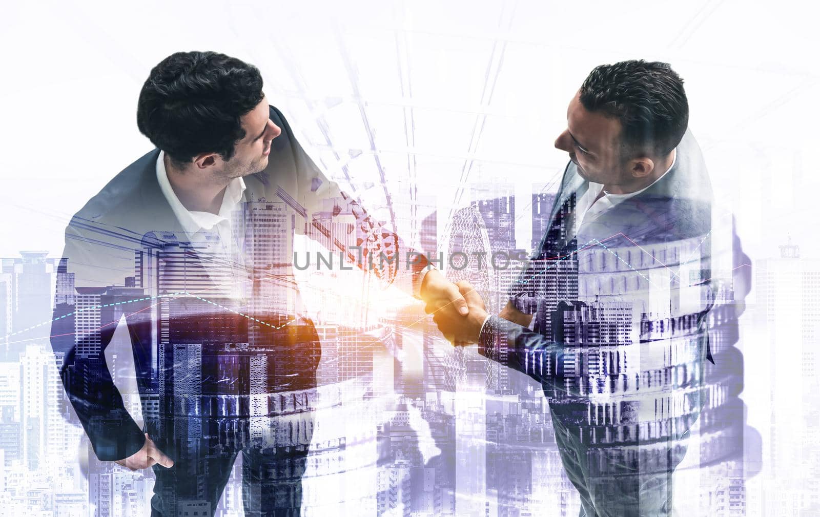 Business handshake on finance prosperity and money technology asset background . Economy and financial growth by investment in valuable stock market to gain wealth profit form currency trading