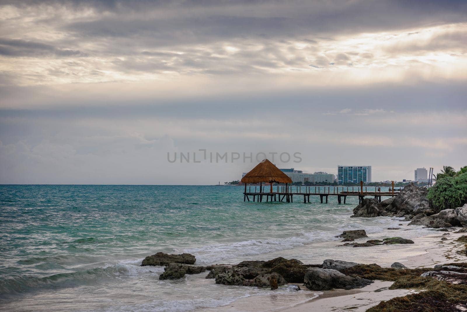 Sea shore on the Caribbean beach in the Area Hoteleria in Cancun Quintana Roo Mexico.