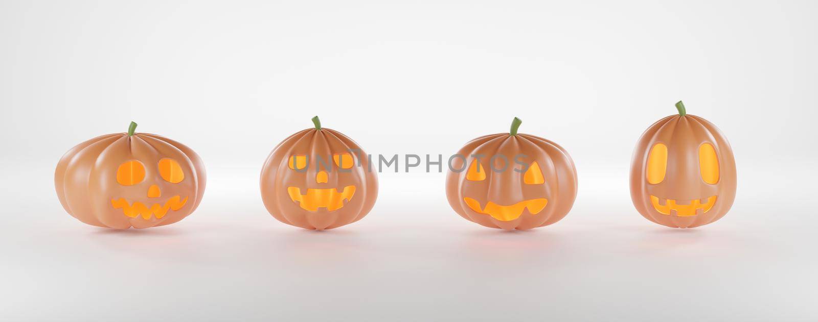 Three Halloween pumpkins ghost with smile isolated on white background, celebration happy Halloween event template minimal style, 3d render illustration