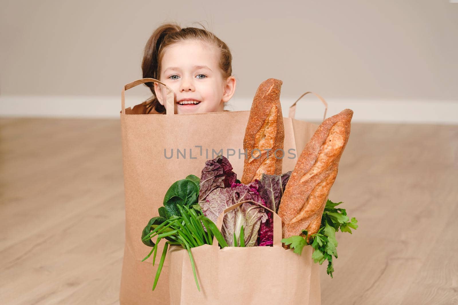 Paper bag with vegetables and some bread with copy space