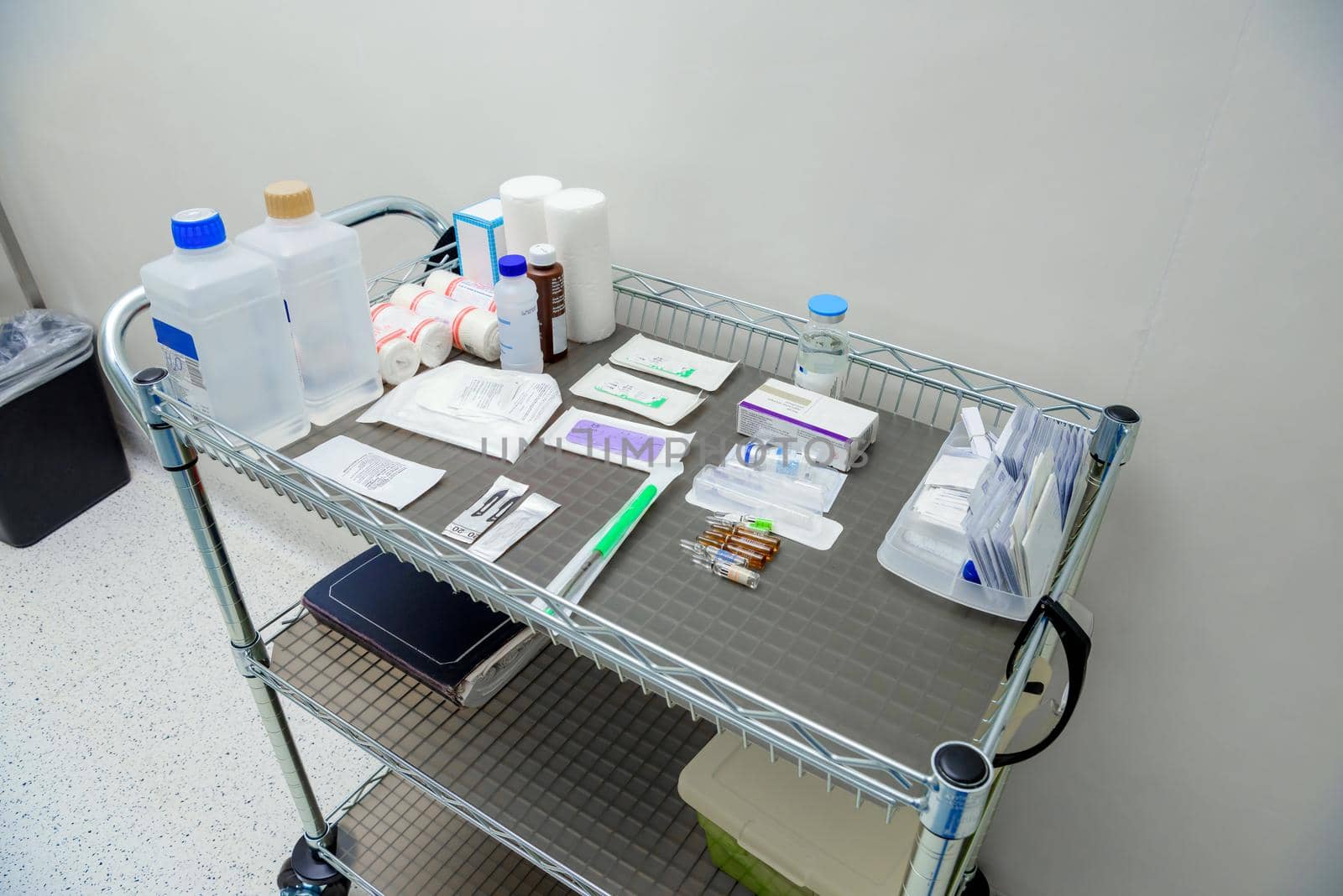 Medications prepared for surgery on table.