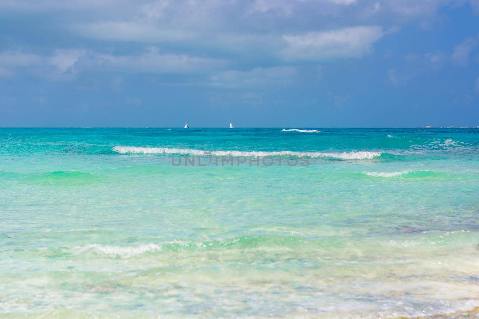 Sea shore on the Caribbean beach in the Area Hoteleria in Cancun Quintana Roo Mexico.