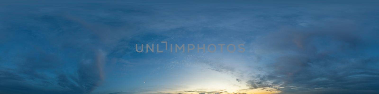 Dark blue twilight sky panorama with Cumulus clouds. Seamless hdr 360 panorama in spherical equiangular format. Full zenith or sky dome for 3D visualization, sky replacement for aerial drone panoramas