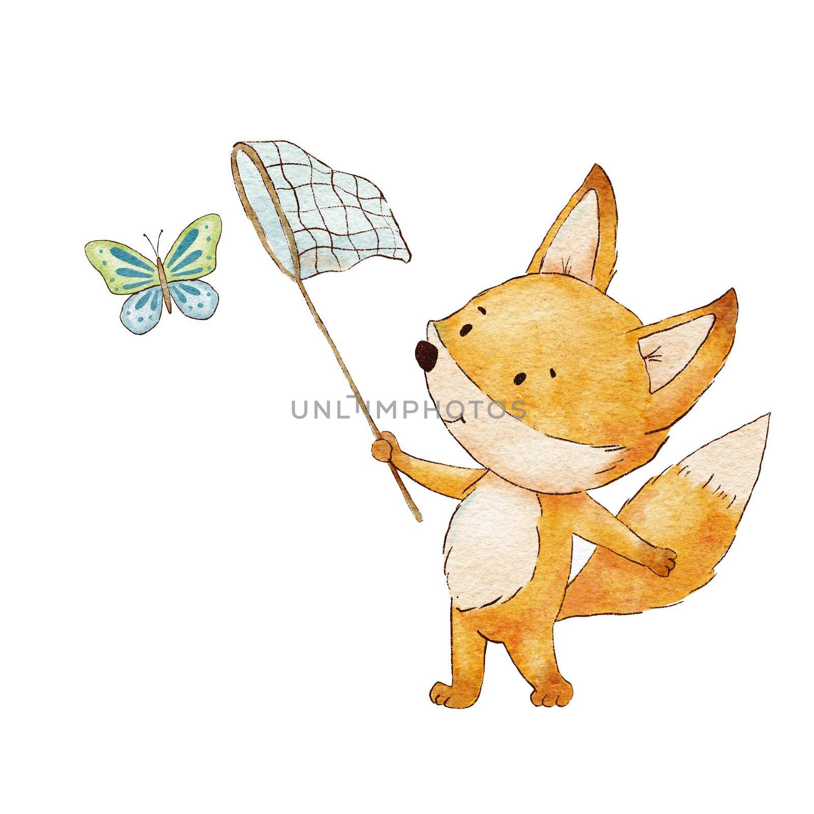 Cute baby fox with butterfly. Watercolor childish illustration isolated on white. Woodland little animal. Summer activity