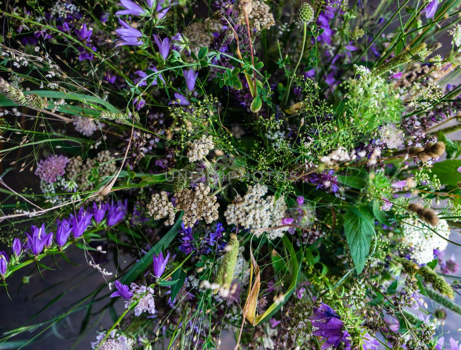 Beautiful wild flowers in bouquet on wooden table