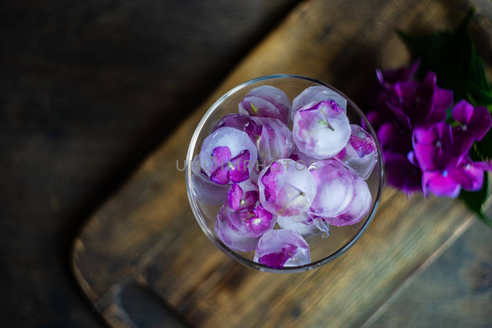 Glass with purple hydrangea flower ice cubes as a refreshing summer drink concept