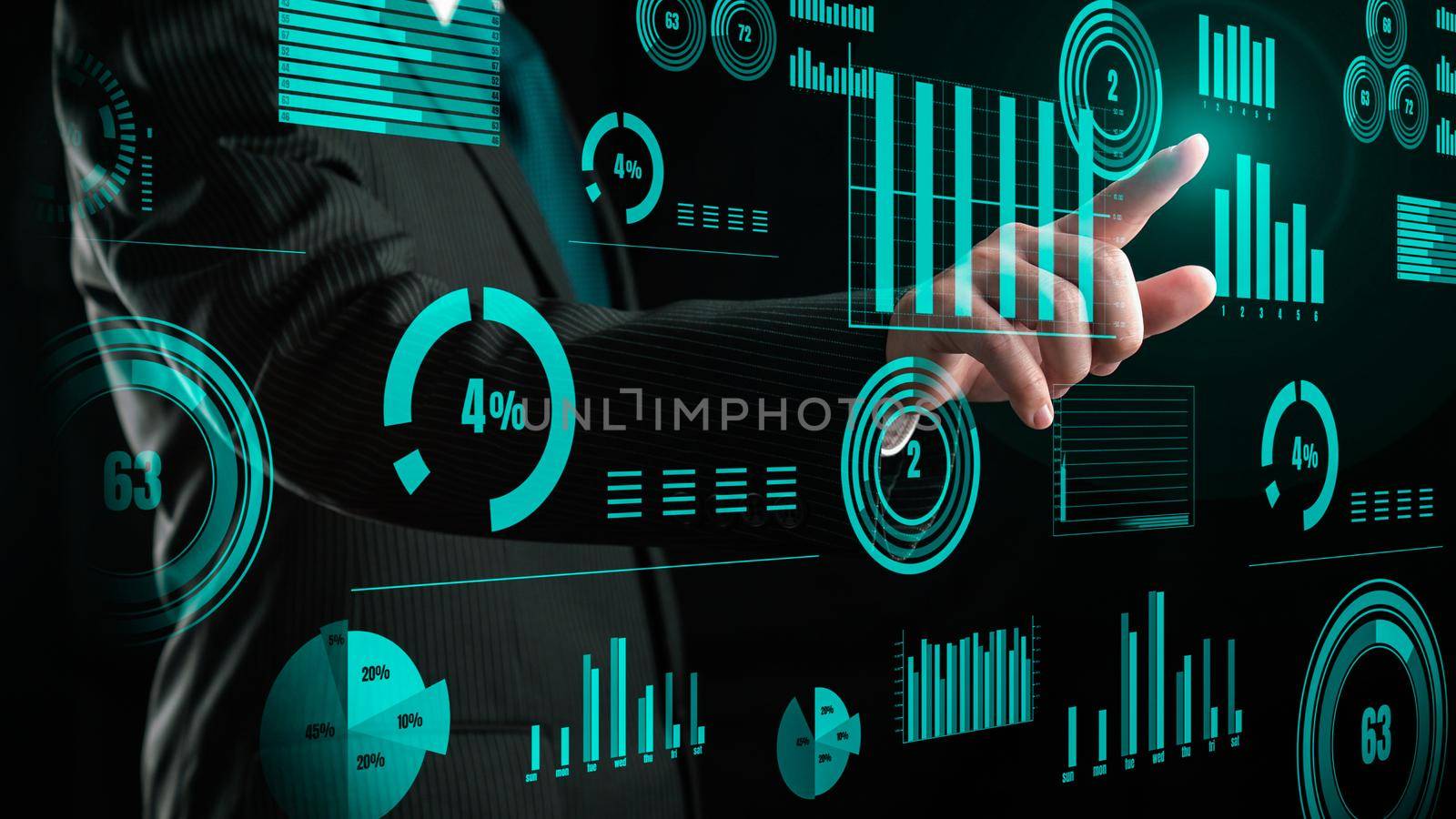 Businessman show hologram of business intelligence report allusive technology. Virtual augmented reality generated by 3D rendering motion graphic and animation to create futuristic HUD .