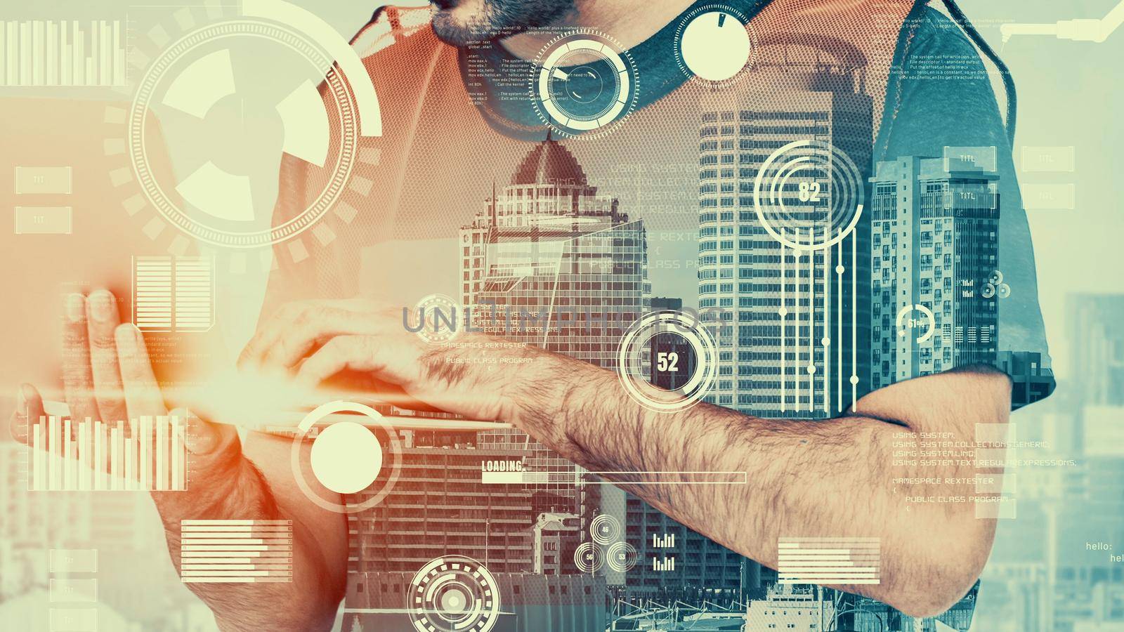 Future building construction and inventive engineering project concept with HUD hologram graphic design. Building engineer, architect people or construction worker works with modern civil technology.